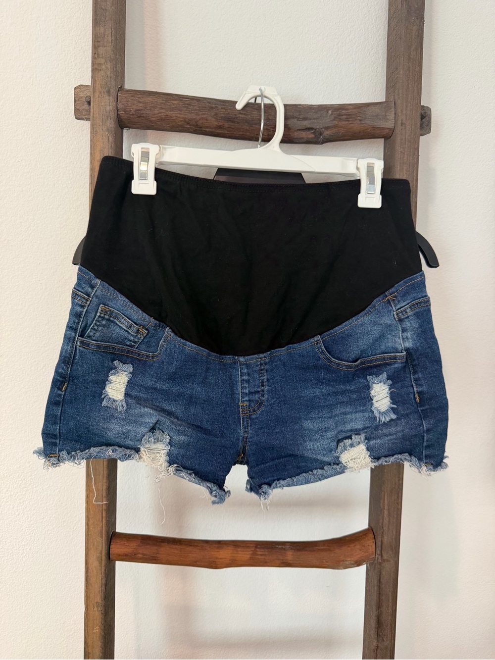 High-Waist Maternity Denim Shorts with Black Support Panel — Distressed Blue